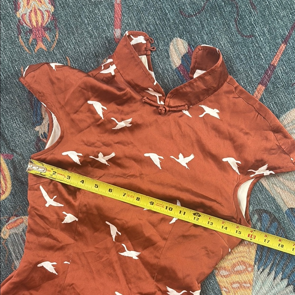 Elegant Silkinc Rust Brown Cheongsam Midi Dress with Bird Pattern 165 S - Picture 7 of 10